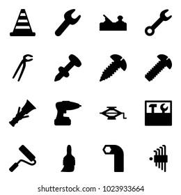 Solid vector icon set - road cone vector, wrench, jointer, plumber, nail dowel, screw, drill, jack, tool box, paint roller, brush, allen key, set