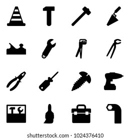 Solid vector icon set - road cone vector, work, sledgehammer, trowel, jointer, wrench, plumber, pliers, screwdriver, screw, drill, tool box, brush, allen key