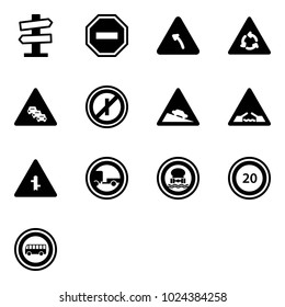 Solid vector icon set - road signpost vector sign, no way, turn left, round motion, multi lane traffic, parkin odd, steep descent, drawbridge, intersection, trailer, dangerous cargo, speed limit 20