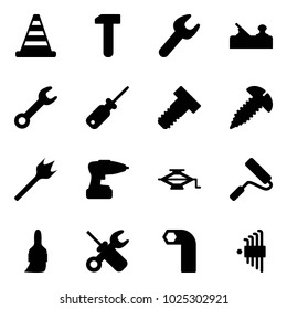 Solid vector icon set - road cone vector, work, wrench, jointer, screwdriver, bolt, screw, wood drill, jack, paint roller, brush, allen key, set