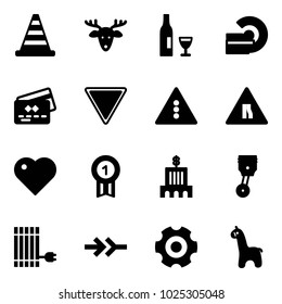 Solid vector icon set - road cone vector, christmas deer, wine, mri, credit card, giving way sign, traffic light, narrows, heart, gold medal, bank building, piston, sun panel, connect, gear
