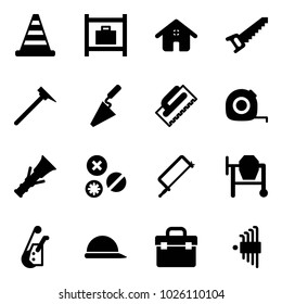 Solid vector icon set - road cone vector, baggage room, home, saw, mason hammer, trowel, measuring tape, dowel, rivet, metal hacksaw, cocncrete mixer, winch, construction helmet, tool box