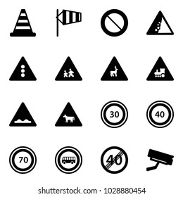 Solid vector icon set - road cone vector, side wind, prohibition sign, landslide, traffic light, children, wild animals, railway intersection, rough, cow, speed limit 30, 40, 70, no bus, end