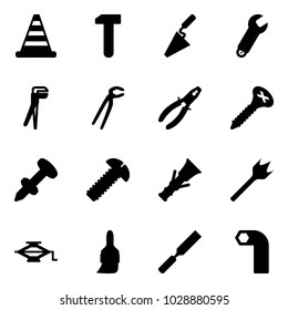 Solid vector icon set - road cone vector, work, trowel, wrench, plumber, pliers, screw, nail dowel, wood drill, jack, brush, rasp, allen key