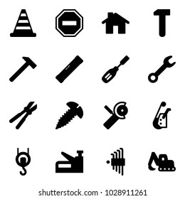 Solid vector icon set - road cone vector, no way sign, home, work, hammer, level, chisel, wrench, bolt cutter, screw, Angular grinder, winch, stapler, allen key set, excavator toy