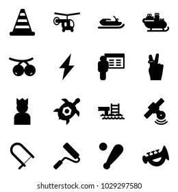 Solid vector icon set - road cone vector, helicopter, snowmobile, santa sleigh, rowanberry, lightning, presentation, victory, king, sea turtle, pool, satellite, fretsaw, paint roller, baseball bat