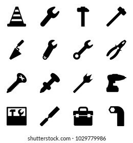 Solid vector icon set - road cone vector, wrench, hammer, sledgehammer, trowel, pliers, screw, nail dowel, wood drill, tool box, rasp, allen key