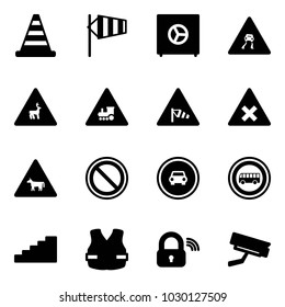 Solid vector icon set - road cone vector, side wind, safe, slippery sign, wild animals, railway intersection, cow, prohibition, no car, bus, stairs, life vest, wireless lock, surveillance camera