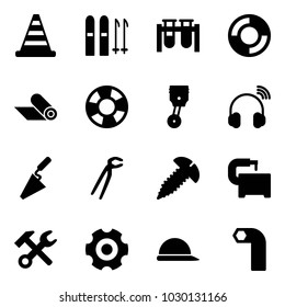 Solid vector icon set - road cone vector, ski, vial, lifebuoy, mat, piston, wireless headphones, trowel, plumber, screw, machine tool, wrench hammer, gear, construction helmet, allen key