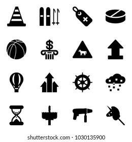 Solid vector icon set - road cone vector, ski, medical label, pill, basketball ball, bank, cow sign, uplooad, air balloon, arrows up, hand wheel, snow, sand clock, crown drill, machine