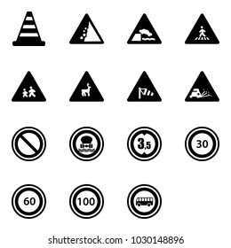 Solid vector icon set - road cone vector, landslide sign, embankment, pedestrian, children, wild animals, side wind, gravel, prohibition, no dangerous cargo, limited height, speed limit 30, 60, 100