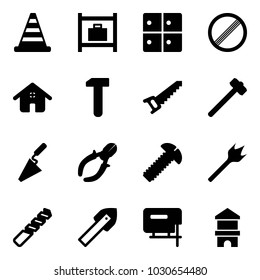 Solid vector icon set - road cone vector, baggage room, no limit sign, home, work, saw, sledgehammer, trowel, side cutters, screw, wood drill, tile, jig, toy block house