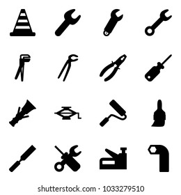 Solid vector icon set - road cone vector, wrench, plumber, pliers, screwdriver, dowel, jack, paint roller, brush, rasp, stapler, allen key