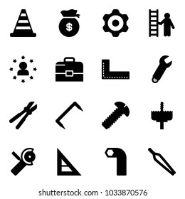 Solid vector icon set - road cone vector, money bag, gear, opportunity, star man, case, corner ruler, wrench, bolt cutter, staple, screw, crown drill, Angular grinder, allen key, forceps
