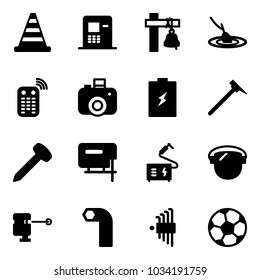 Solid Vector Icon Set - Road Cone Vector, Atm, Ship Bell, Fishing, Remote Control, Camera, Battery, Mason Hammer, Nail, Jig Saw, Welding, Protect Glass, Laser Lever, Allen Key, Set, Soccer Ball