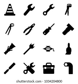 Solid vector icon set - road cone vector, wrench, plumber, pliers, screwdriver, bolt, dowel, wood drill, jack, brush, rasp, tool box, allen key