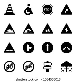 Solid vector icon set - road cone vector, disabled, stop sign, turn right, climb, embankment, children, intersection, rough, only forward, detour, end speed limit, overtake, signpost, outdoor cafe