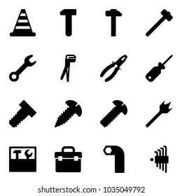 Solid vector icon set - road cone vector, work, hammer, sledgehammer, wrench, plumber, pliers, screwdriver, bolt, screw, wood drill, tool box, allen key, set