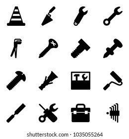 Solid vector icon set - road cone vector, trowel, wrench, plumber, screw, bolt, nail dowel, tool box, paint roller, rasp, screwdriver, allen key set