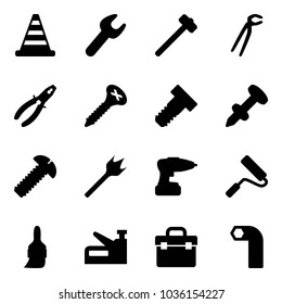Solid vector icon set - road cone vector, wrench, sledgehammer, plumber, pliers, screw, bolt, nail dowel, wood drill, paint roller, brush, stapler, tool box, allen key