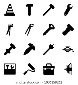 Solid vector icon set - road cone vector, work, sledgehammer, wrench, plumber, screw, bolt, nail dowel, wood drill, jack, tool box, paint roller, allen key set