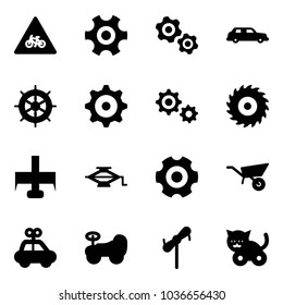 Solid vector icon set - road for moto vector sign, gear, gears, limousine, hand wheel, saw disk, milling cutter, jack, wheelbarrow, car toy, baby, windmill, cat
