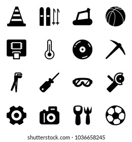 Solid vector icon set - road cone vector, ski, treadmill, basketball ball, atm, thermometer, cd, axe, plumber, screwdriver, protective glasses, Angular grinder, gear, camera, shovel fork toy, soccer