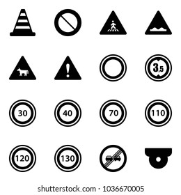 Solid vector icon set - road cone vector, prohibition sign, pedestrian, rough, cow, attention, limited height, speed limit 30, 40, 70, 110, 120, 130, end overtake, surveillance camera
