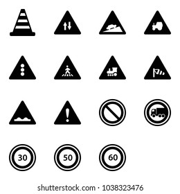 Solid vector icon set - road cone vector, oncoming traffic sign, climb, tractor way, light, pedestrian, railway intersection, side wind, rough, attention, prohibition, no truck, speed limit 30, 50