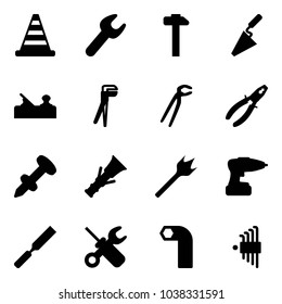 Solid vector icon set - road cone vector, wrench, hammer, trowel, jointer, plumber, pliers, nail dowel, wood drill, rasp, screwdriver, allen key, set