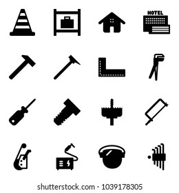Solid vector icon set - road cone vector, baggage room, home, sea hotel, hammer, mason, corner ruler, plumber, screwdriver, bolt, crown drill, metal hacksaw, winch, welding, protect glass