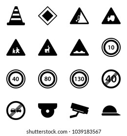 Solid vector icon set - road cone vector, main sign, landslide, tractor way, children, wild animals, rough, speed limit 10, 40, 80, 130, end, overtake, surveillance camera, construction helmet