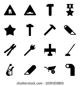 Solid vector icon set - Road narrows vector sign, artificial unevenness, work, star medal, hammer, knife, bolt cutter, wood drill, milling, hoe, winch, wheelbarrow, allen key