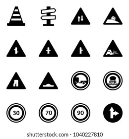 Solid vector icon set - road cone vector, signpost sign, oncoming traffic, steep roadside, intersection, gravel, narrows, artificial unevenness, no trailer, dangerous cargo, speed limit 30, 70, 90