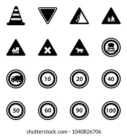 Solid vector icon set - road cone vector, giving way sign, landslide, children, railway intersection, cow, no dangerous cargo, truck, speed limit 10, 20, 40, 50, 60, 90, 100