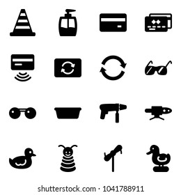 Solid vector icon set - road cone vector, liquid soap, credit card, tap pay, exchange, refresh, sunglasses, basin, drill machine, pipe welding, duck toy, pyramid, windmill