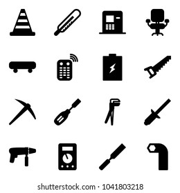 Solid vector icon set - road cone vector, thermometer, atm, office chair, skateboard, remote control, battery, saw, axe, chisel, plumber, clinch, drill machine, multimeter, rasp, allen key