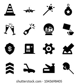 Solid vector icon set - road cone vector, plane, Magic wand, christmas ball, wine glasses, champagne, snowball house, cereal, safe, atm, gear, check, chevron, lawn mower, stapler, horse stick toy