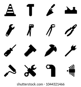 Solid vector icon set - road cone vector, work, trowel, jointer, wrench, plumber, pliers, screwdriver, bolt, screw, wood drill, paint roller, allen key, set