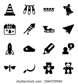 Solid vector icon set - road cone vector, garland, bell, christmas calendar, firework rocket, sleigh, paper plane, cloud, highlight marker, money dialog, dragonfly, sickle, bear toy