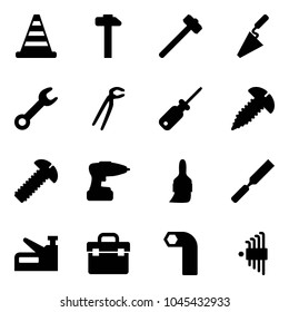 Solid vector icon set - road cone vector, hammer, sledgehammer, trowel, wrench, plumber, screwdriver, screw, drill, brush, rasp, stapler, tool box, allen key, set