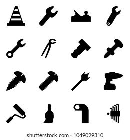 Solid vector icon set - road cone vector, wrench, jointer, plumber, bolt, nail dowel, screw, wood drill, paint roller, brush, allen key, set