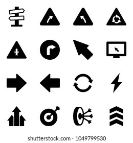 Solid vector icon set - road signpost vector sign, turn right, left, round motion, intersection, only, cursor, monitor, arrow, refresh, lightning, arrows up, target, solution, chevron