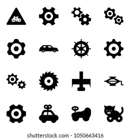 Solid vector icon set - road for moto vector sign, gear, gears, limousine, hand wheel, saw disk, milling cutter, jack, car toy, baby, cat