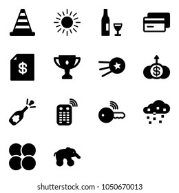 Solid vector icon set - road cone vector, sun, wine, credit card, account statement, gold cup, first satellite, dollar growth, fizz opening, remote control, wireless key, snow, atom core