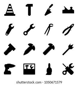 Solid vector icon set - road cone vector, work, trowel, jointer, wrench, plumber, pliers, bolt, screw, wood drill, tool box, brush, screwdriver