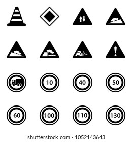 Solid vector icon set - road cone vector, main sign, oncoming traffic, climb, steep descent, embankment, gravel, attention, no truck, speed limit 10, 40, 50, 60, 100, 110, 130