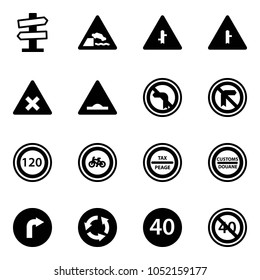 Solid vector icon set - road signpost vector sign, embankment, intersection, railway, artificial unevenness, no left turn, speed limit 120, bike, tax peage, customs, only right, circle, minimal, end