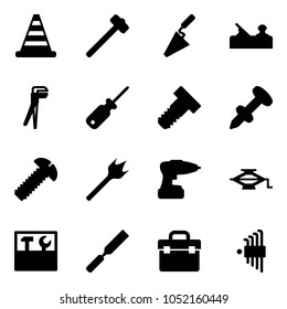 Solid vector icon set - road cone vector, sledgehammer, trowel, jointer, plumber, screwdriver, bolt, nail dowel, screw, wood drill, jack, tool box, rasp, allen key set