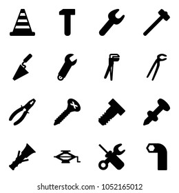 Solid vector icon set - road cone vector, work, wrench, sledgehammer, trowel, plumber, pliers, screw, bolt, nail dowel, jack, screwdriver, allen key